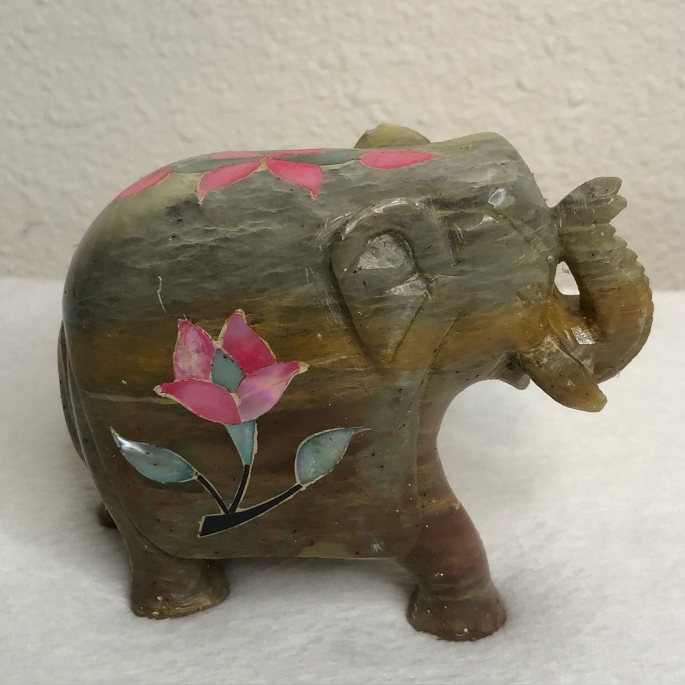 Vintage Indian Elephant Marble with Floral Stone Inlay